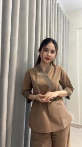 Áo Lam đi Chùa - Mẫu Tim Xéo Nơ - Màu nâu xám